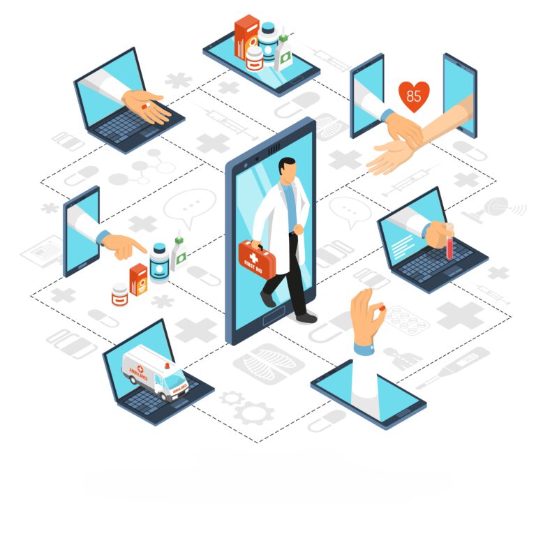 Online medical specialist consultations virtual doctor visit from home office on phone isometric background composition vector illustration